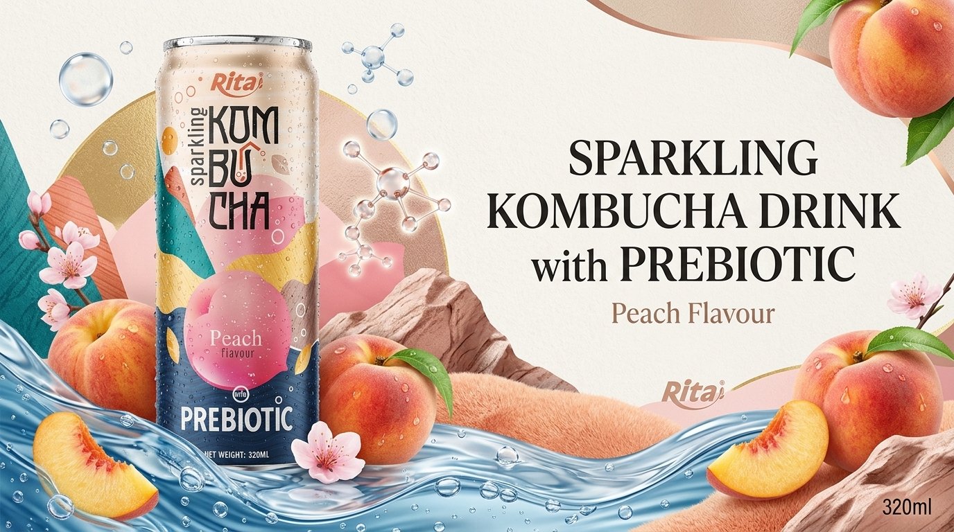 Rita Sparkling Kombucha Peach Flavour With Prebiotic 320ml Can