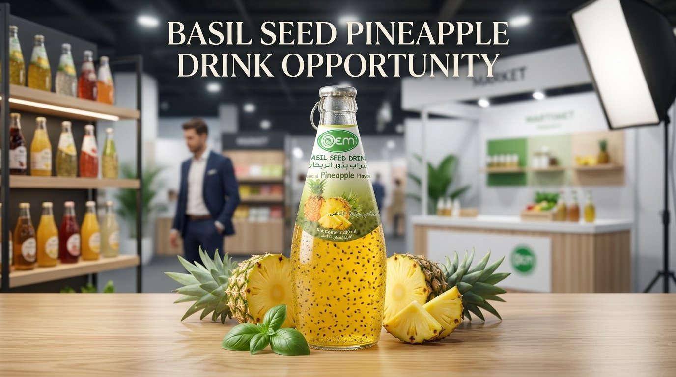 Basil Seed Drink with Pineapple Flavor 290ml Glass Bottle