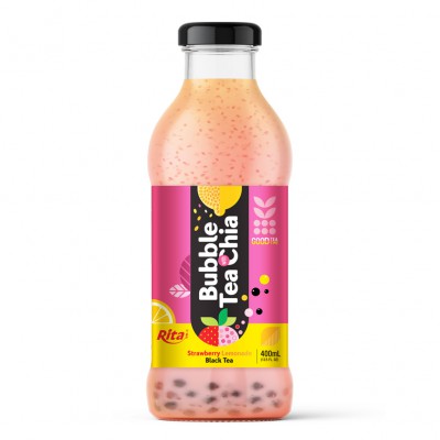 Bubble Tea with Chia seed and strawberry lemonade black tea 400ml glass bottle